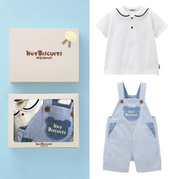 ブランド公式ショップ★ミキハウスホットビスケッツ　ロゴ刺繍セーラーカラー半袖Tシャツ&ストライプ柄 サッカー素材 オーバーオールセット【BOX付き】　ギフトラッピング　出産祝い　誕生日　お祝い　入園祝い　キッズ服　ベビー服