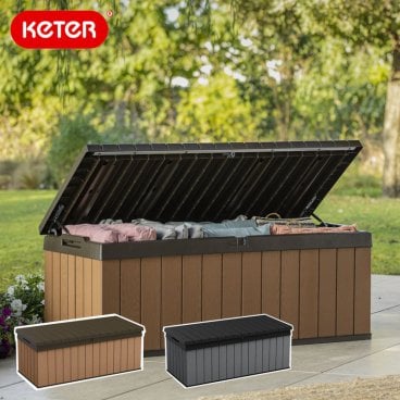 物置 ケター ダーウィン ボックス 380L ウッドブラウン（ KETER Darwin box 100G wood brown）【大型宅配便】ベンチ 収納庫 ストッカー 収納ベンチ ウッド調 樹脂製 耐候性 錆びない ゴミ箱 座れる 園芸用品 分別 ゴミ置き場 おしゃれ 屋外 屋内