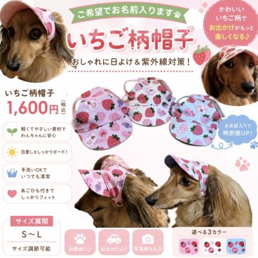 いちご柄帽子　大人気わんちゃんのお名前入り帽子 ドッグウエア　犬の帽子　帽子　犬の服　わんこ　名前入り　ペットウェア　オリジナル　犬　いちご