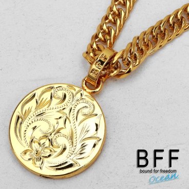 BFF ブランド コインネックレス ダブル喜平 6面カット プルメリア マイレ スクロール ステンレスチェーン ゴールド 18金 K18 GP gold 金色 手彫り 彫金 専用BOX付属