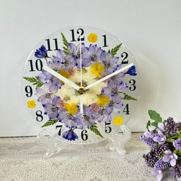 ◆人気のギフト 押し花 花時計 φ15cm【フラワーサークル・ラベンダー掛時計 置時計】 押し花をレジンでコーティングしたハンドメイドの可愛い花時計！