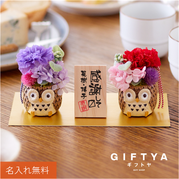   母の日 父の日 まとめて プリザーブドフラワー プレゼント 花 和風 名入れ ギフト かわいい 枯れない花 カーネーション 両親 夫婦 祖父 祖母 60代 70代 80代 結婚祝い 金婚式 誕生日 還暦祝い 赤 古希 喜寿 紫 傘寿 卒寿 お祝い《 長寿 ふくろう プリザ ペア 》 翌営業日出荷