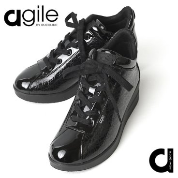 ルコライン 靴 アージレ バイ ルコライン スニーカー agile-008BK PRINT MONOGRAM ブラック × ブラック 黒 エナメル調合皮 aマーク ロゴ柄 モノグラム柄 サイドファスナー付 レディース シューズ agile by RUCO LINE 3E 幅広 ルコライン靴