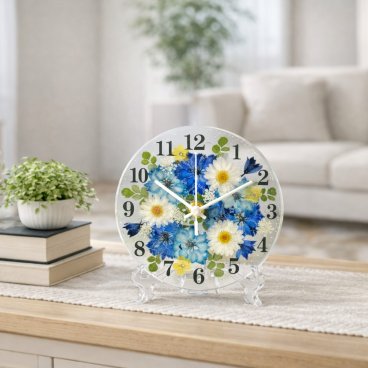 ◆人気のギフト 押し花 花時計 φ15cm 【ラークスパー・ブルー 掛時計 置時計】 押し花をレジンでコーティングしたハンドメイドの可愛い花時計！