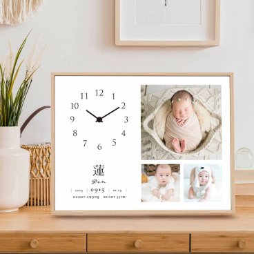 出産内祝い 命名書 写真入時計付き「ベビーフォトクロック写真3枚タイプ（ナチュラル）」 ／ 写真 名入れ 時計 命名 赤ちゃん 親 木製 出産祝い 誕生祝い 出産記念品 誕生記念品 月齢フォト ニューボーンフォト ましかく ましかくプリント 命名書オーダー 男の子 女の子 お宮参り お食い初め フォトクロック メモリアル