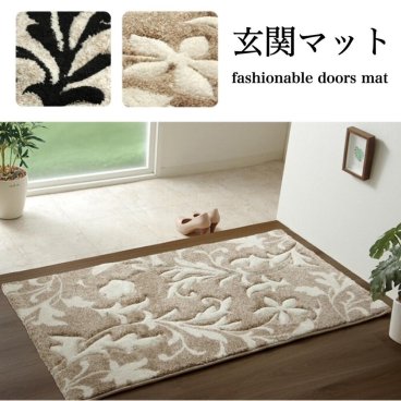 玄関マット 室内 屋内 おしゃれ 花柄 上品 ウィルトン織り カービング加工 3サイズ展開 ブラック ベージュ 日用品(生活用品全般)