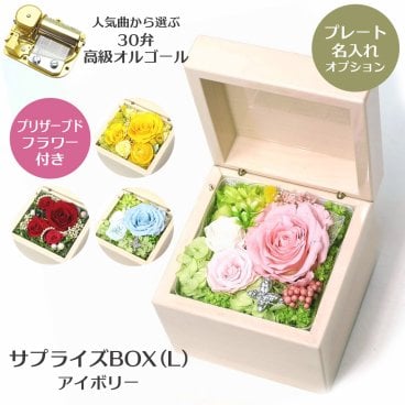 【人気曲から選べる】職人が作る30弁高級オルゴール｜サプライズBOX(L)アイボリー・プリザーブドフラワー付き・名入れ プレート・音色の美しい・オーダーメイドオルゴール・クリスマス・誕生日・母の日・父の日・入園・入学・卒園・卒業・プレゼント・出産・還暦・退職・バラ・ジブリ・ディズニー・無料ラッピング　送料無料