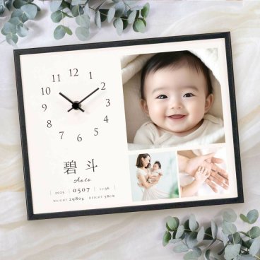 出産内祝い 命名書 写真入時計付き「ベビーフォトクロック写真3枚タイプ（ブラック）」 ／ 写真 名入れ 時計 命名 赤ちゃん 親 木製 出産祝い 誕生祝い 出産記念品 誕生記念品 月齢フォト ニューボーンフォト ましかく ましかくプリント 命名書オーダー 男の子 女の子 お宮参り お食い初め フォトクロック メモリアル