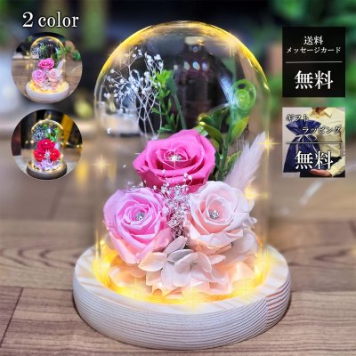 プリザーブドフラワー ガラスドーム LED付 縦型 フラワーデザイナー ハンドメイド オリジナルギフトBOXでお届け 贈り物 誕生日プレゼント 結婚祝い 記念日 出産祝い 退職祝い