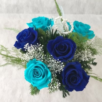 ブルーのプリザーブドフラワーアレンジ０１結婚祝に、誕生日に