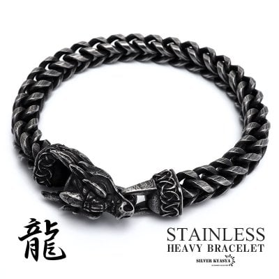 ステンレス ドラゴンブレスレット 龍 ブラック ヘビーブレスレット ごつめ フランコチェーン 燻し風 重厚感 存在感 男性 メンズ 金属アレルギー対応 父の日