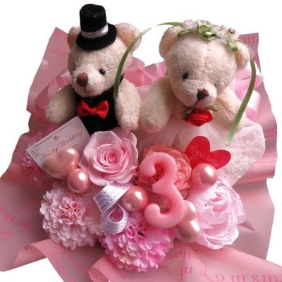 プリザーブドフラワー 結婚記念日 結婚3周年 記念日 プレゼント ご希望数字入り ウェディング ベアー入り 花束風 ギフト  枯れない プリザーブドフラワー入り ケース付き