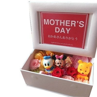 母の日 プレゼント ディズニーキャラクターおまかせマスコット3個 花 写真立て 花束風 フォトフレーム 結婚祝い ギフト プリザーブドフラワー入り