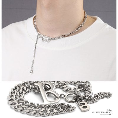 ネックレス メンズ イニシャル アルファベット 頭文字 initial 喜平チェーン ストリート silver 銀色 ステンレス 金属アレルギー対応 父の日 男性
