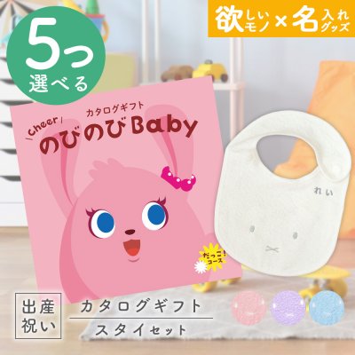 出産祝い カタログギフト のびのびBaby 5つ選べる だっこ！コース ＆ 今治タオル 名入れミッフィースタイセット【ギフトセット 男の子 女の子 誕生日 赤ちゃん ママ・友達に贈りたい 人気 カタログギフト プレゼント よだれかけ miffy 新作商品】
