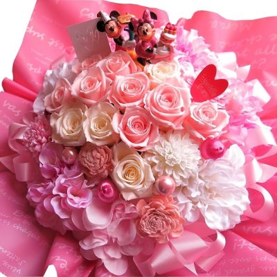 誕生日プレゼント ミッキー ミニー 花束風 ピンク ホワイト プリザーブドフラワー入りギフト アートフラワー使用　置いて飾れるアレンジメントタイプ バースデーB