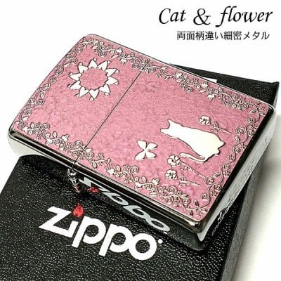 ZIPPO かわいい ライター キャット＆フラワー ピンク ジッポ 猫 両面柄違い加工 ねこ柄 花柄 細密メタル ネコ レディース おしゃれ 女性 ギフト 動画あり