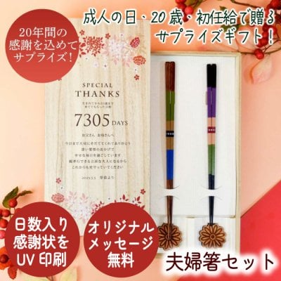 成人の日 二十歳 20歳 誕生日 逆プレゼント サプライズ 成人ギフト 記念品 初任給 両親ギフト 両親贈呈品 お祝い 記念品 長寿祝い 誕生日 結婚記念日 金婚式 銀婚式 父の日 母の日 敬老の日 お礼 桐箱入り 夫婦箸 箸置き 箸ギフト UV印刷 / 子から親へ贈る成人お礼ギフト！子育て感謝状付き夫婦箸＆箸置きセット「春日」