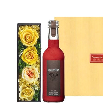 即日発送 ノンアルコール ジュース お花 フラワーギフト 【無料 リボンラッピング メッセージカード】フランス アラン・ミリア ラズベリー フルーツ 330ml プリザーブドフラワー 黄色 バラ 花 ノンアル プレゼント 誕生日 出産祝い 結婚祝い 内祝 送料無料
