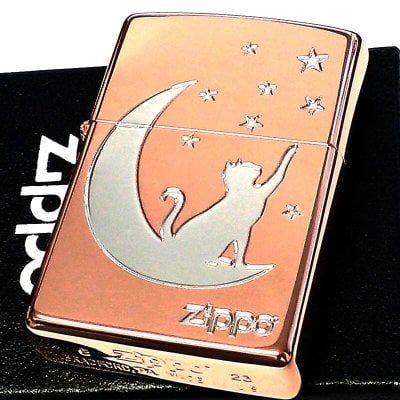 ZIPPO 月とネコ ピンクゴールド 猫 ジッポ ライター シルバー ロゴ おしゃれ レディース ねこ かわいい 星 彫刻 女性 シンプル 可愛い ギフト プレゼント 動画あり