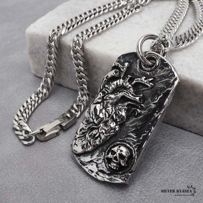 ステンレス ドッグタグネックレス 心臓ネックレス シルバー ダブル喜平チェーンネックレス 幅6mm 長さ50cm 60cm ホラー 骨 ハート 中折式 メンズ 男性 お洒落 人気 トレンド 流行り 金属アレルギー対応 ペンダント