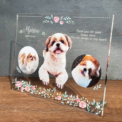 写真入り ペットメモリアルプレート ピンクフラワー 大きいサイズ｜選べるデザイン 全8種 犬 猫 愛犬 愛猫 ペット メモリアルグッズ 写真 かわいい オーダーメイド オリジナル 遺影 仏具 位牌 ペット供養 記念 記念品 文字入り フォト 思い出 手元供養 鳥 うさぎ 金魚 トイプードル チワワ ハムスター 写真立て アルバム ペットロス 刻印 名入れ ペットグッズ プレゼント ギフト 贈り物