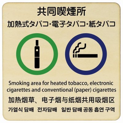 9x9cm 加熱式タバコ・電子タバコ・紙タバコ共同喫煙所  多言語 英語 中国語 韓国語 対応 木製ドアサイン 正方形 商業施設 飲食店 旅館 ホテル レンタル イベント表示 場所 掲示 案内板 ピクトサイン