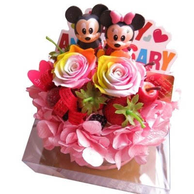誕生日プレゼント 友人 友達 ミッキー ミニー 他 プリザーブドフラワー入り フラワーケーキ ケース付き 誕生日プレゼント 彼女 友達 友人 ディズニーマスコット種類はおまかせ 