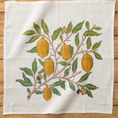 大きめリネン100％ハンカチ ウィリアムモリス柄 43×43cm 07. White - Fruit or Pomegranate