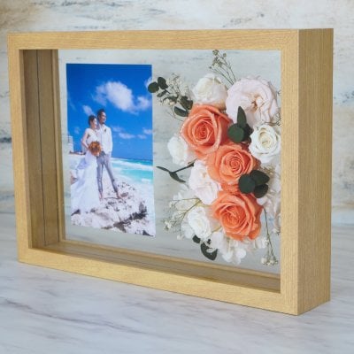 【プリザーブドフラワー】写真入り フォトフレーム ピンク オレンジ お花 花 フラワー ギフト 贈り物 結婚祝い 母の日 父の日 誕生日 お祝い 入学式 卒業式 フラワーアレンジメント メッセージ付 by DANTE