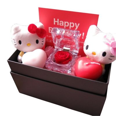 誕生日プレゼント キティ 入り 花束風 フラワーギフト 箱を開けてサプライズ キティ入り 横長ボックス プリザーブドフラワー入り ◆キティカラーはお任せとなります
