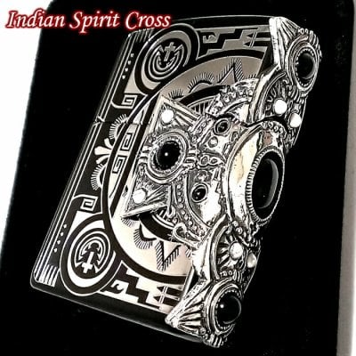 ZIPPO ライター インディアンスピリット ジッポ マッドブラック かっこいい クロス オニキス ハウライト 天然石 おしゃれ ギフト 大型3面メタル 彫刻 メンズ レディース