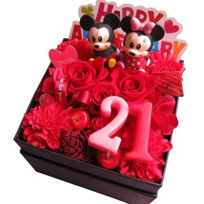 21周年 お祝い ディズニーキャラクターおまかせマスコット2個入り 花束風 ご希望数字入りプレゼント 箱を開けてサプライズ ボックス 赤バラ プリザーブドフラワー入り