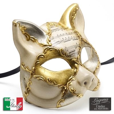 イタリー製 マスケラ 仮面 【Gatta】猫型 cat お面 ネコ シルバー ゴールド ヴェネチアンカーニバルマスク 銀 金 ハロウィン コスプレ bce-8s-gl