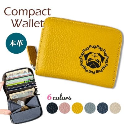 【WankoFace】パグ 本革 コンパクト財布 じゃばらカードケース ボックス型 フルオープン ギャルソンタイプ 小銭入れ 財布 シュリンクレザー 札入れ ラウンドファスナー オリジナル ブルドッグ 犬 ペット