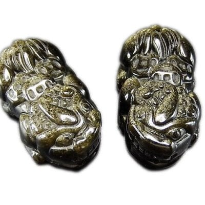 良質ゴールドオブシディアン天然石金銭3枚背負う中型ヒキュウ彫刻ペア置物