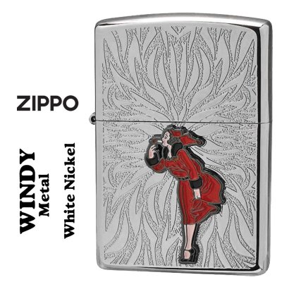 【名入れ】【送料無料】 zippo  ジッポーライター 大人気「WINDY」メタル貼り ホワイトニッケル エッチング WINDY-Metal-WN かわいい キャラクター キュート レトロ 誕生日 ギフト プレゼント [zWINDY-Metal-WN]