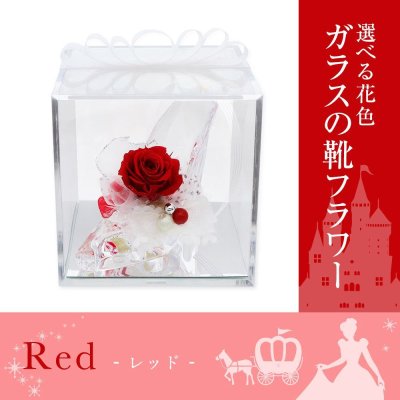 ガラスの靴 プリザーブドフラワー 花 【レッド】 天然石 カルセドニー ｜ 誕生日プレゼント 女性 彼女 シンデレラ風フラワーギフト ｜ 赤 バラ  推しカラー ケース入り リボン付  還暦祝いにも人気 花婚式 結婚4周年 【花ソムリエ】