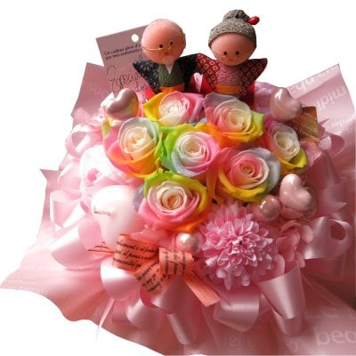 金婚式 プレゼント 花束風 ギフト レインボーローズ プリザーブドフラワー入り おじいちゃん おばあちゃん入り ケース付き