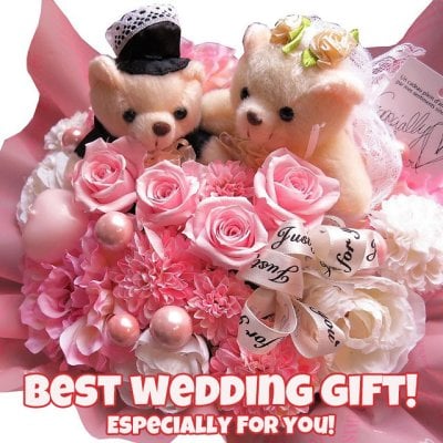結婚記念日 プレゼント 妻 ウェディングベアー ピンク系 プリザーブドフラワー入りギフト ケース付き　20×30