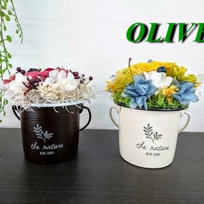 プリザーブドフラワー アレンジメント  アンティーク 黄色 赤 スモーキーピンク 黄緑 くすみ青 ばら 紫陽花 ナチュラルカントリー 枯れない花 