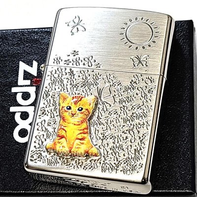 ZIPPO  猫 メタル ジッポ ライター 花柄 シルバー ねこ ブラウン かわいい ネコ 女性 フラワー 彫刻 おしゃれ kitten flowers レディース ホワイトサテン ギフト プレゼント