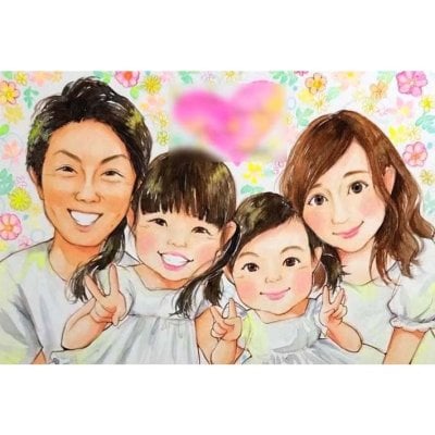 似顔絵 家族 ファミリー 大人数 お祝い 記念 プレゼント ギフト 子供 成長記録 女性に人気の似顔絵。家族の記念写真風の似顔絵 あきよ