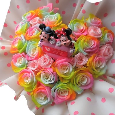 ミッキー ミニー ハート入り 花束風 ハート フラワーギフト レインボーローズ プリザーブドフラワー  ケース付き