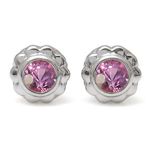 プラチナ・ピアス・フラワー・花・一粒・ピンクサファイア・ピアス