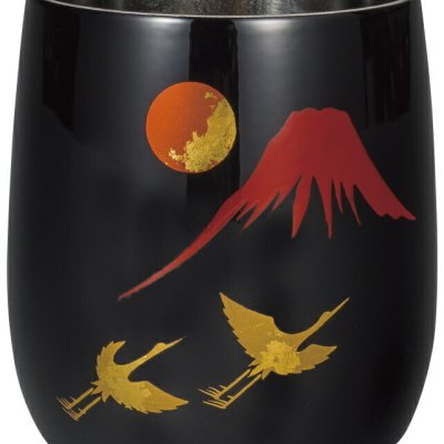 【送料無料】 山中漆器 漆磨二重ダルマカップ 手描き 富士に鶴（おしゃれ ステンレス 漆 日本製 名入れ 日本製 ギフト 海外発送可 贈呈  お中元）なごみや本舗