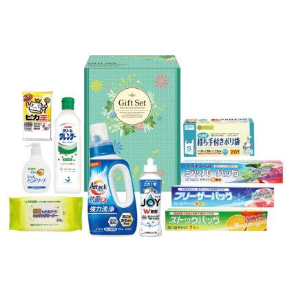 実りの秋の贈り物 ファインライフ洗剤セット 花王アタック抗菌EX（750g）･P&G除菌ジョイコンパクト（170ml）･持ち手付きポリ袋S20枚･除菌キッチンクリーナー24枚･ストックバッグM7枚･フリーザーバッグM5枚･ジッパーバッグM5枚･オレンジジェルハンドソープ（