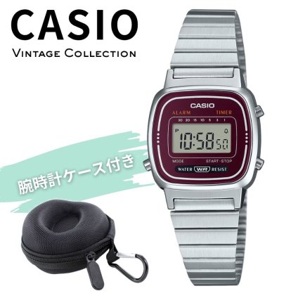 カシオ 腕時計 レディース シルバー レッド 赤 デジタル チプカシ レトロ 海外モデル 逆輸入 小さめ 薄型 軽量 メタル タイマー 学生 仕事 誕生日 プレゼント ギフト CASIO 収納ケース付き 成人 卒業 入学