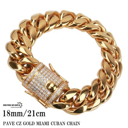 ステンレス 幅18mm 金 ゴールド 極太喜平ブレスレット ブリンブリン 差し込み式 二重ロック 喜平チェーンブレスレット 21cm パヴェ HIPHOP ヒップホップ 父の日