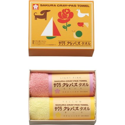 【直送】サクラクレパス クレパスタオル タオルハンカチ 2枚セット ピンク [26-0143-066] CR23100 綿100% タオルギフト かわいい クレパス風パッケージ コラボ ギフト 内祝い 出産祝い 結婚祝い 快気祝い プレゼント